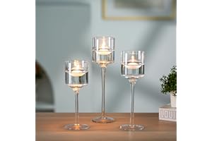 Nuptio Glass Candle Holder Tea Light Candle Holders Set of 3 Tall Tealight Candle Holder for Table Centerpiece Clear Candleholders for Pillar Candles Floating Candles Holder for Wedding Home Bathroom