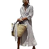 utcoco Womens 2026 Shirt Dress Casual Lapel 3/4 Sleeve Button Down Split Belted Vacation Maxi Dress