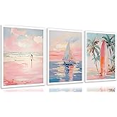 3pcs Danish Pink Coastal Canvas Wall Art Pink Color Sailboat Surfboard Poster Print Paintings Trendy Preppy Beach Pictures Wall Decor for Teen Girls Dorm Apartment Home Decoration Unframed