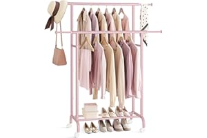 SONGMICS Clothes Rack, Double Clothing Rack, Garment Rack with Extendable Hanging Rails and Wheels, Heavy-Duty Metal Frame, 1