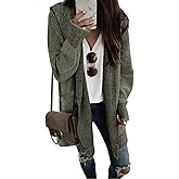 Sidefeel Women's Cardigan Sweaters Hooded Oversized Open Front Chunky Knit Plaid Sweater Coat Fall Fashion Tops