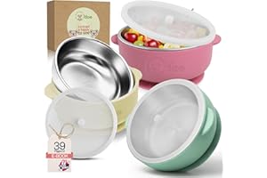 Suction Bowls for Baby - Non-Toxic Stainless Steel Baby Bowls 5" with Non-Slip Removable Silicone Shell - BPA-Free Toddler Bo