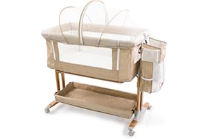 bicystar Baby Bassinet Bedside Sleeper 2 in 1 with Wheels with Mattress, Incline Option, 6 Adjustable Heights for Newborn to 6 Months Infant