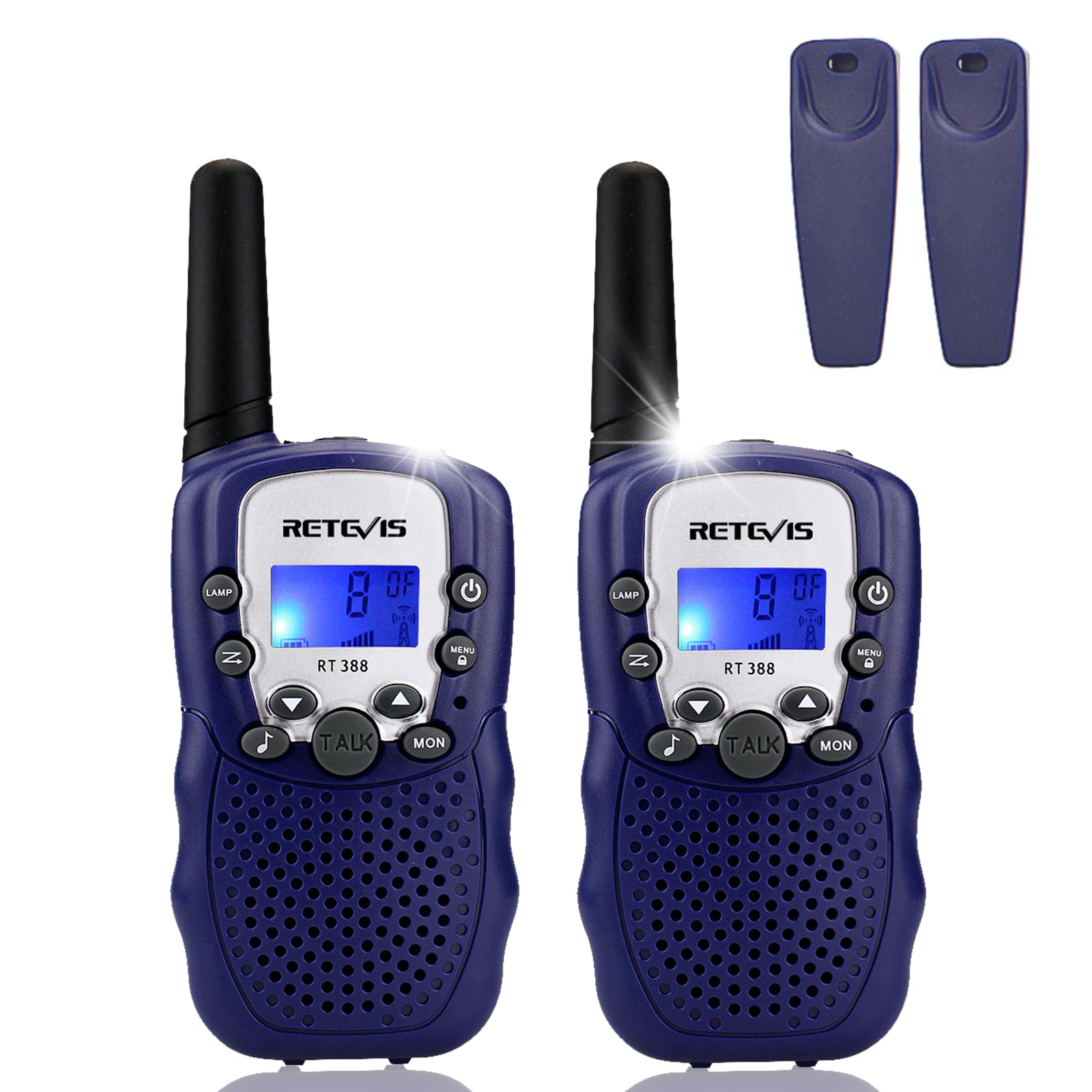 Retevis RT388 Walkie Talkie Kinder, Spielzeug Kinder mit Taschenlampe, Funkgeräte ab 4-12 Jahre, Weihnachten Geschenke Junge Mädchen für Familienspiel, Abenteuer (1 Paar, Dunkelblau)