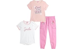 Real Love Girls' Pants Set - 3 Piece Cute T-Shirt and Embroidered Cargo Jogger Pants - Trendy Spring Outfit for Girls (7-16)