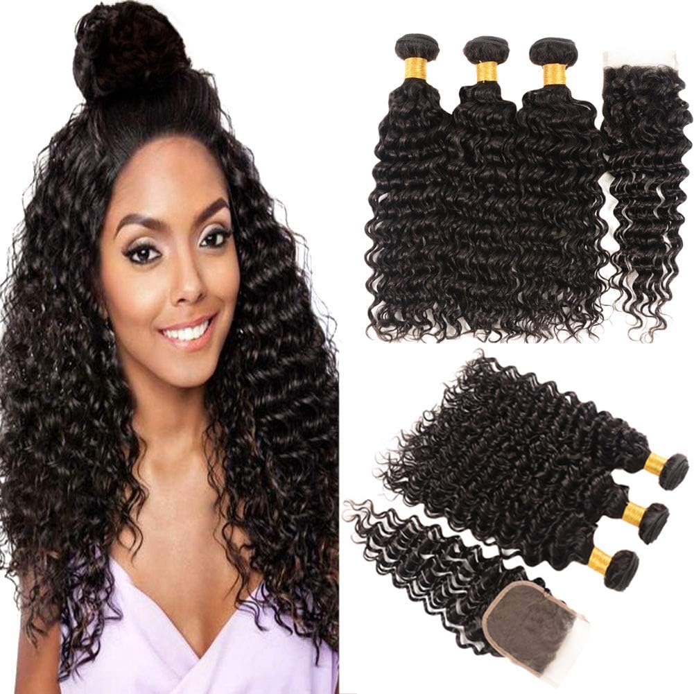 Huarisi 3 Bundles Brazilian Deep Wave with Closure Deals Short Deep Curly Hair 4 by 4 Free Part Lace Closure with Baby Hair 100% Human Virgin Hair Weaves For Women Full Head 12 14 16 +10 Inch