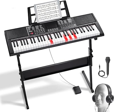 Clavier Piano Numérique, 61 Touches, Piano à Clavier Électrique Portable, Support, 600 Tons, 500 Rythmes, Haut-parleurs Intégrés, Pédale de Sustain, Casque, Microphone, USB MIDI, pour Débutants