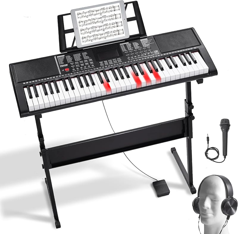 Pianoforte Digitale Tastiera, 61 Tasti, Pianoforte Elettrico Portatile, Supporto, 600 Toni, 500 Ritmi, Altoparlanti Incorporati, Pedale Sustain, Cuffie, Microfono, USB MIDI, per Principianti