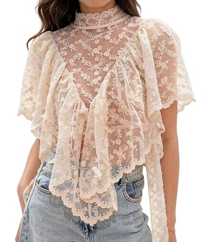 Amazon.com: Lordree Women Ruffle Flowy Blouse Flare Sleeve Sheer 
