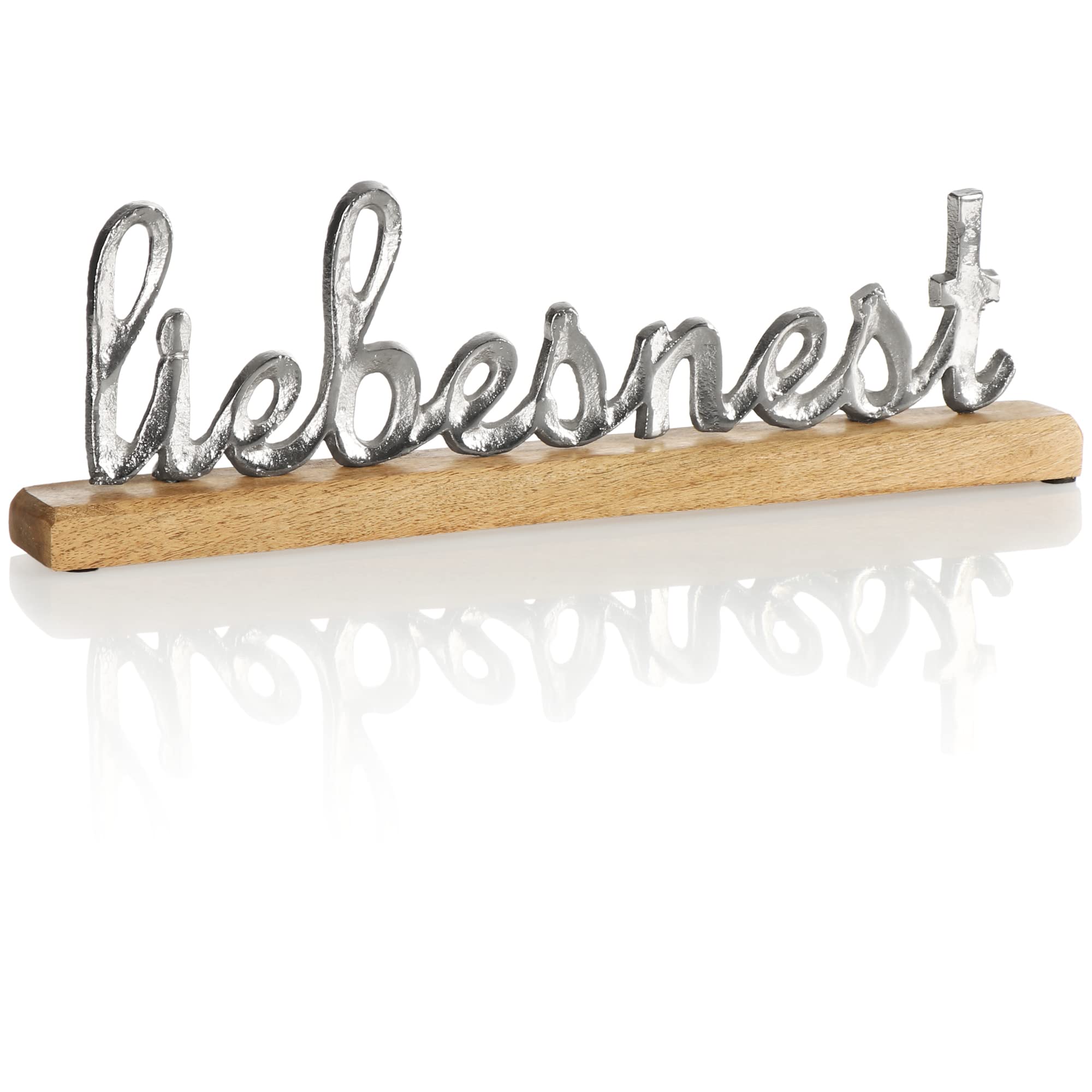 COM-FOUR® decorative display "love nest" - lettering made of metal in a circle made of mango wood - decorative lettering to put down - 40.5x12.5x5cm (silver - LOVE NEST)