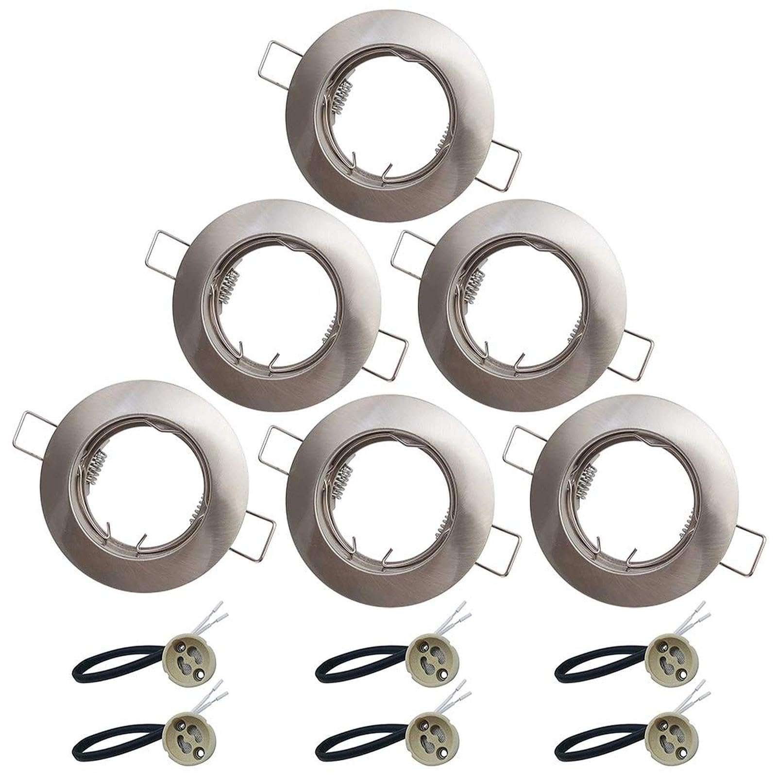 KingYH 6 Pack Round Recessed Spotlights Aluminum Downlight Bezel Trim Ring Fitting GU10 Light Mounting Frame with GU10 Lamp Holder for Ceiling Spotlight MR16 and 50mm Bulb Halogen Light Fitting Silver