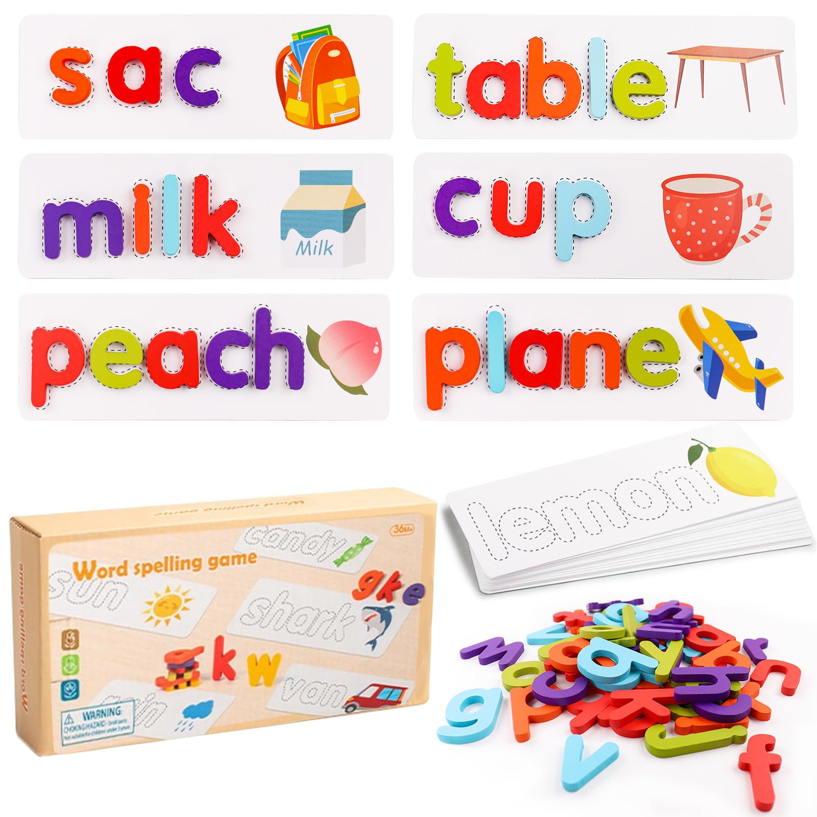 wadafen Preschool Vocabulary Spelling for Kid Toddlers, Educational Gift Toys for Toddler Kids, See Spelling Learning Toy Wooden, Words Matching Letter Alphabet Flash Cards for 2+ Year Olds Kids