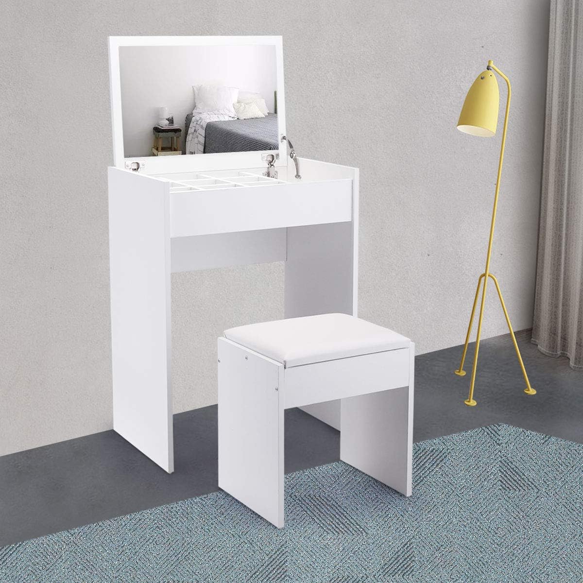 JAXSUNNY Makeup Vanity Table Set with Flip up Mirror Top, Cushioned Stool and Partitioned Storage,Bedroom Furniture,for Women Or Girls,White