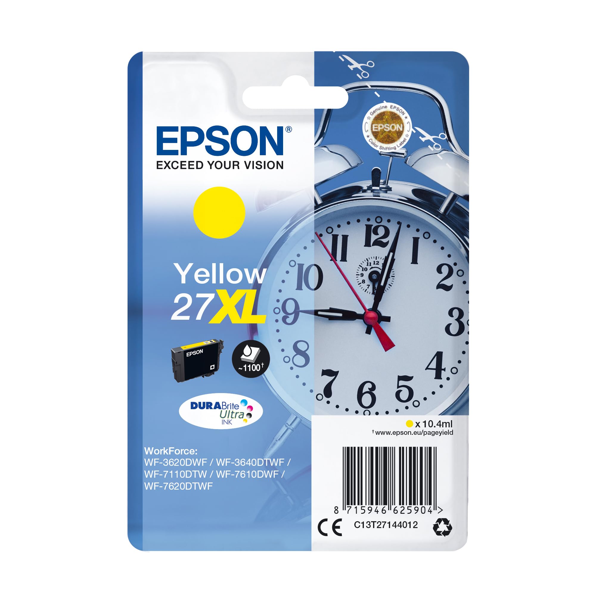 Epson 27XL Yellow Alarm Clock High Yield Genuine, DuraBrite Ultra Ink Cartridge