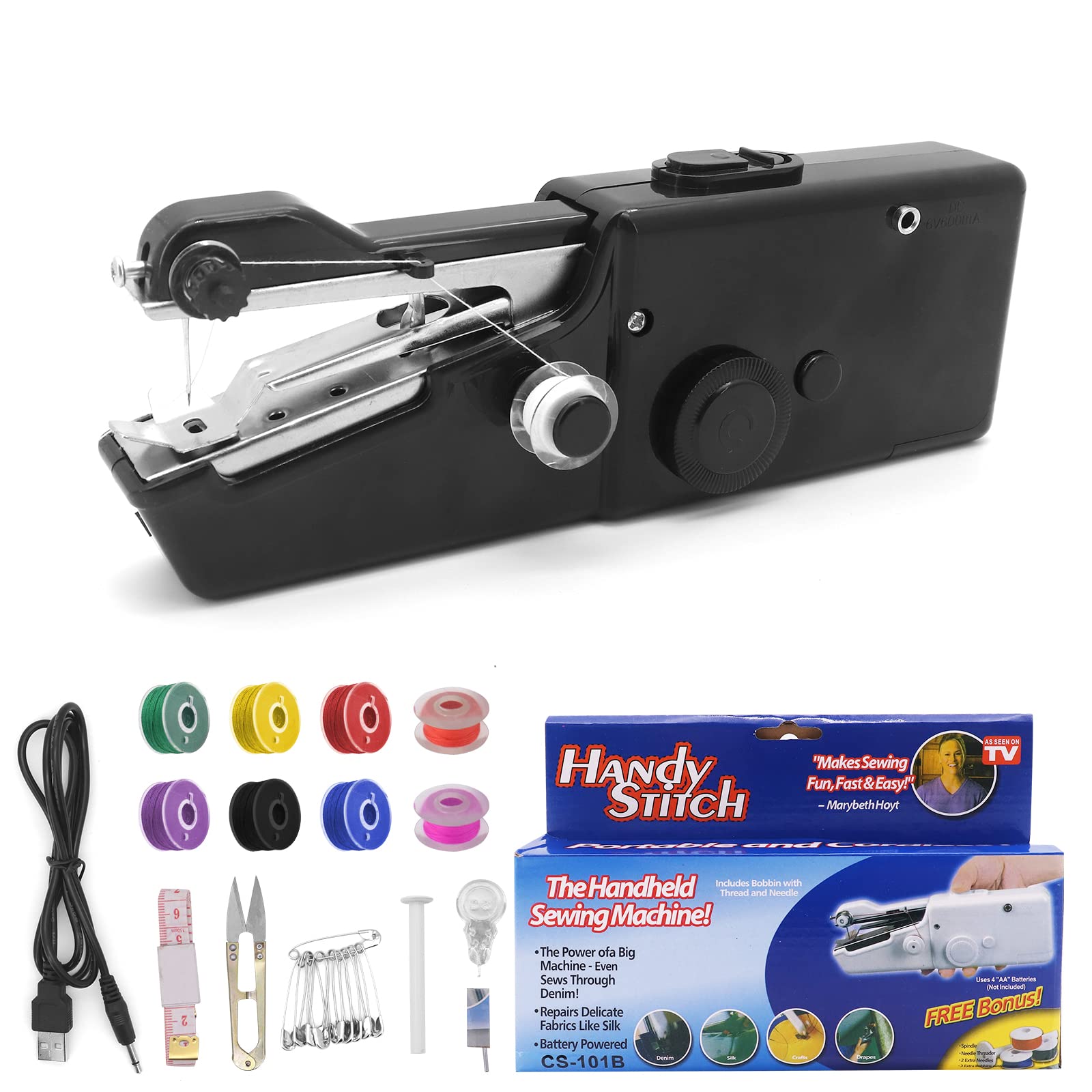 Bemodst Handheld Mini Sewing Machine - Portable Cordless Electric Tool with USB Port and Accessories for Quick Fixes on Clothing, Curtains, Leather - Black
