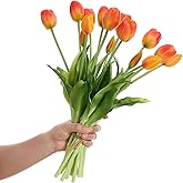 Amore Florals 15 Pcs Orange Tulips Artificial Flowers Faux Tulips Real Touch Latex Fake Flower Bouquet for Spring Wedding Home Décor Centerpiece Arrangements
