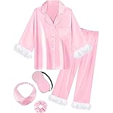 EPLAZA Kids Satin Pajamas for Girls Silk Pajamas Set 2-Piece Feather Long Sleeve Button Down Pjs Set Sleepwear with Eye Mask