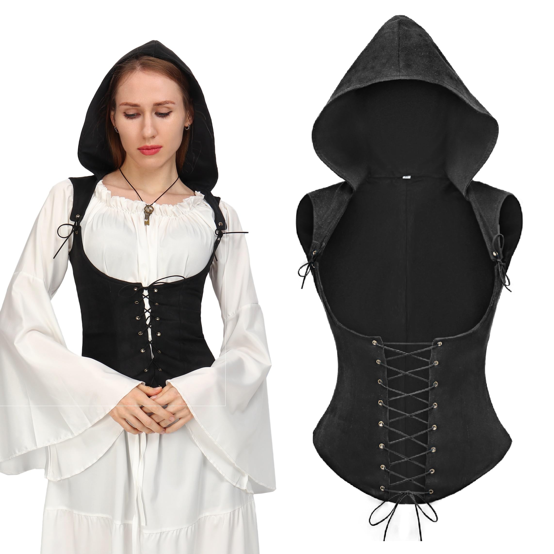 Photo 1 of PROCOS Medieval Women Corset Vest Rogue Cowl Adjustable Steampunk Pirate Gothic Hooded Costume
