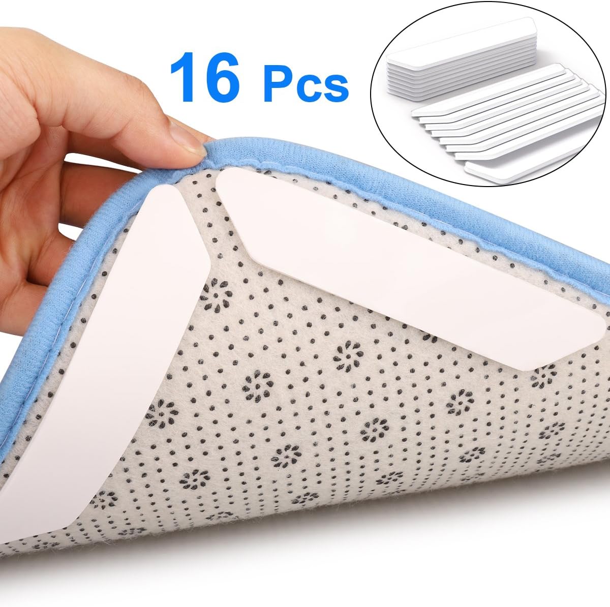 AISHN Rug Grippers, 16pcs Black Anti Curling Rug Gripper, Stops Rug Slipping, Anti Curling Non Slip Rug Gripper, Premium Anti Slip Carpet Gripper for Hard Floors Kitchen Bathroom (White)