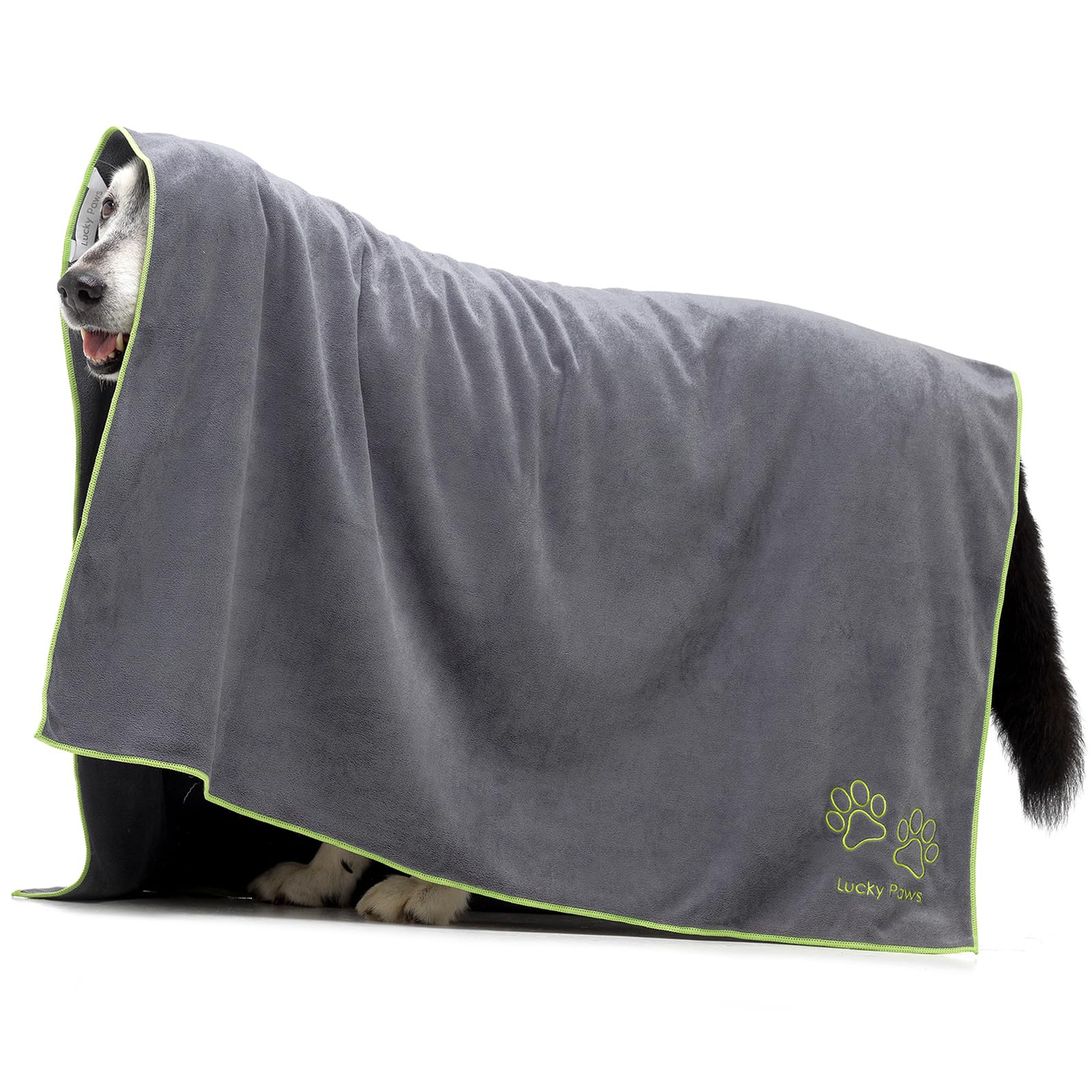 Lucky Paws® UK Dog Towel – Giant Size 140x100cm Dog Towels – Super Absorbent, Luxuriously Soft, Fast Drying Dog Towels for Drying Dogs – Premium Microfibre Dog Towel (Pack of 1 Giant Size, Grey/Green)