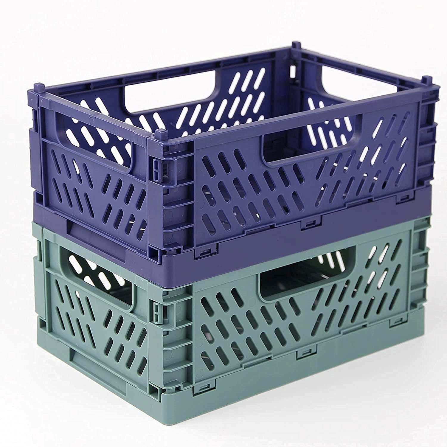 Spesh 2 Pcs Collapsible Crates Storage Boxes Foldable Storage Baskets Plastic Folding Crate Boxes for Kitchen, Living Room, Office(22*15*9cm, Blue+Dark Green)