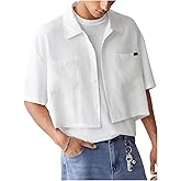 SHENHE Men's Summer Short Sleeve Button Down Crop Shirt Loose Fit Casual Shirt with Pockets