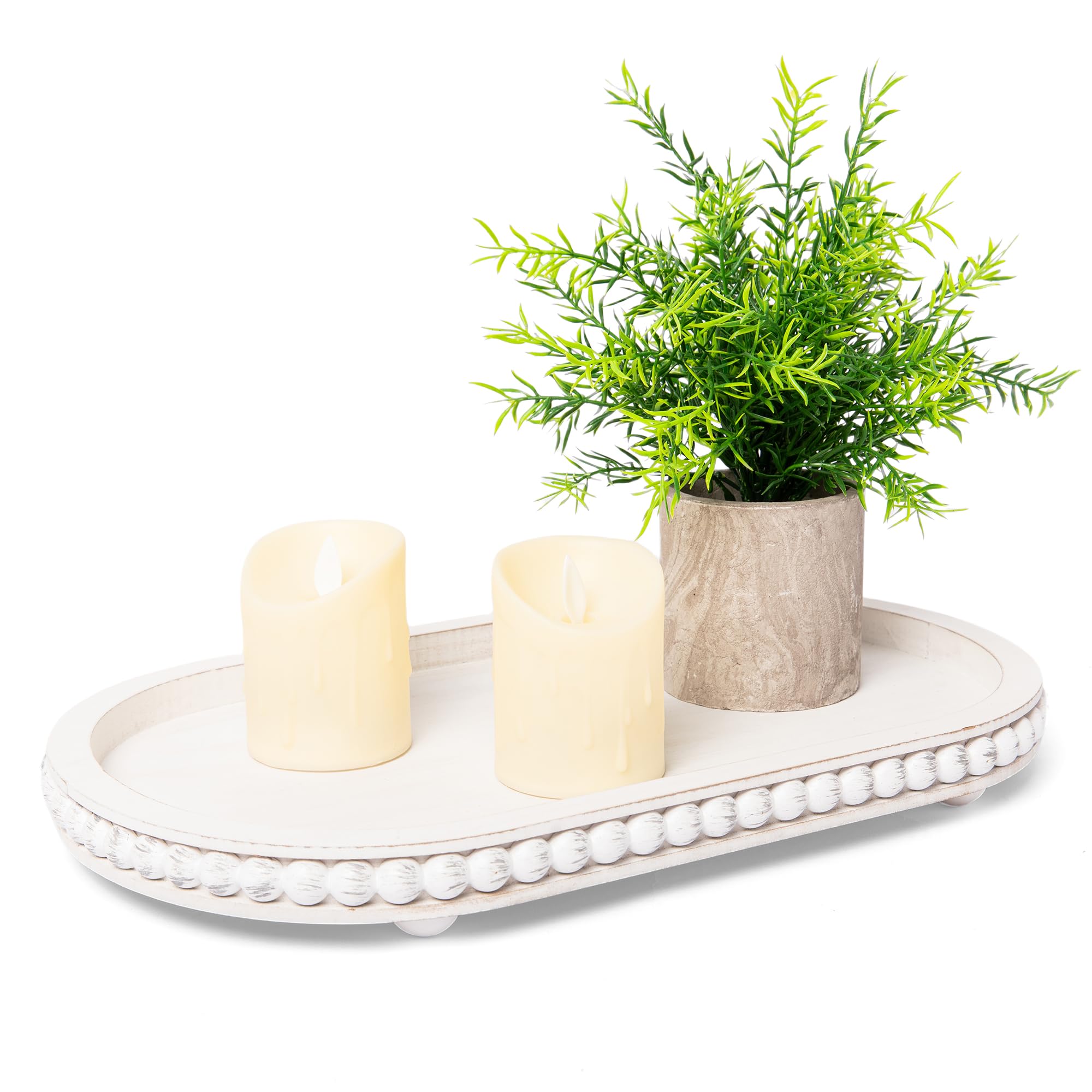 Photo 1 of HPC Decor 15in Oval Wooden Tray - White Beaded Serving Tray, Rustic Farmhouse Vintage Centerpiece, Kitchen & Living Room Decor