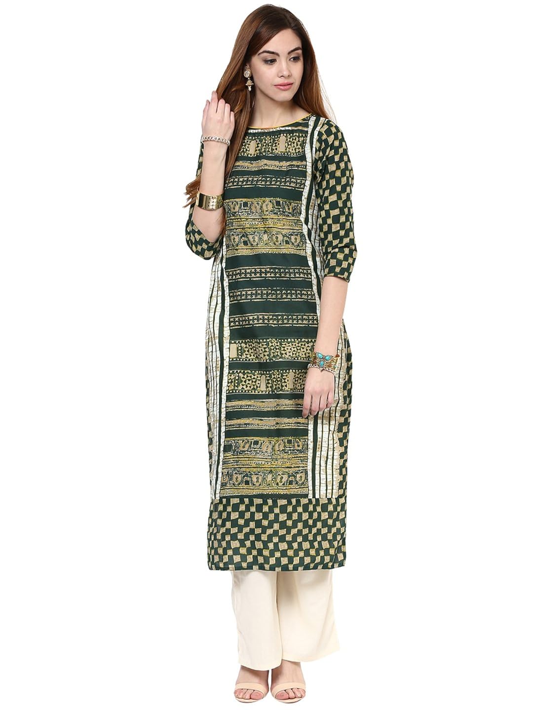 jaipur kurti cotton complete set of green kurta and off white rayon palazzo