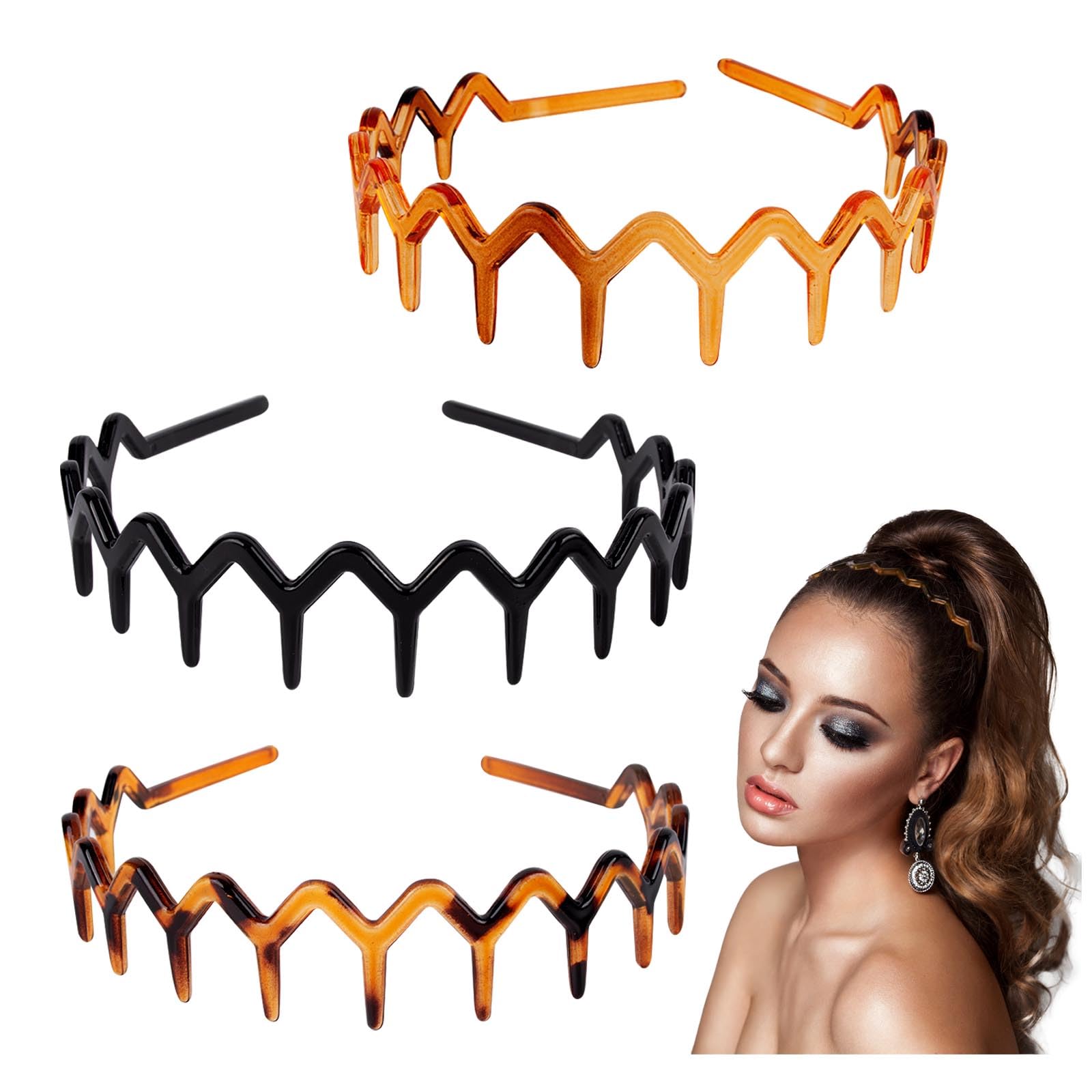 GWAWG 3 PCS Plastic Tooth Hair Comb Headband Zig Zag Headband Comfort Wavy Toothed Hairband for Women Girls Men 3 Colours
