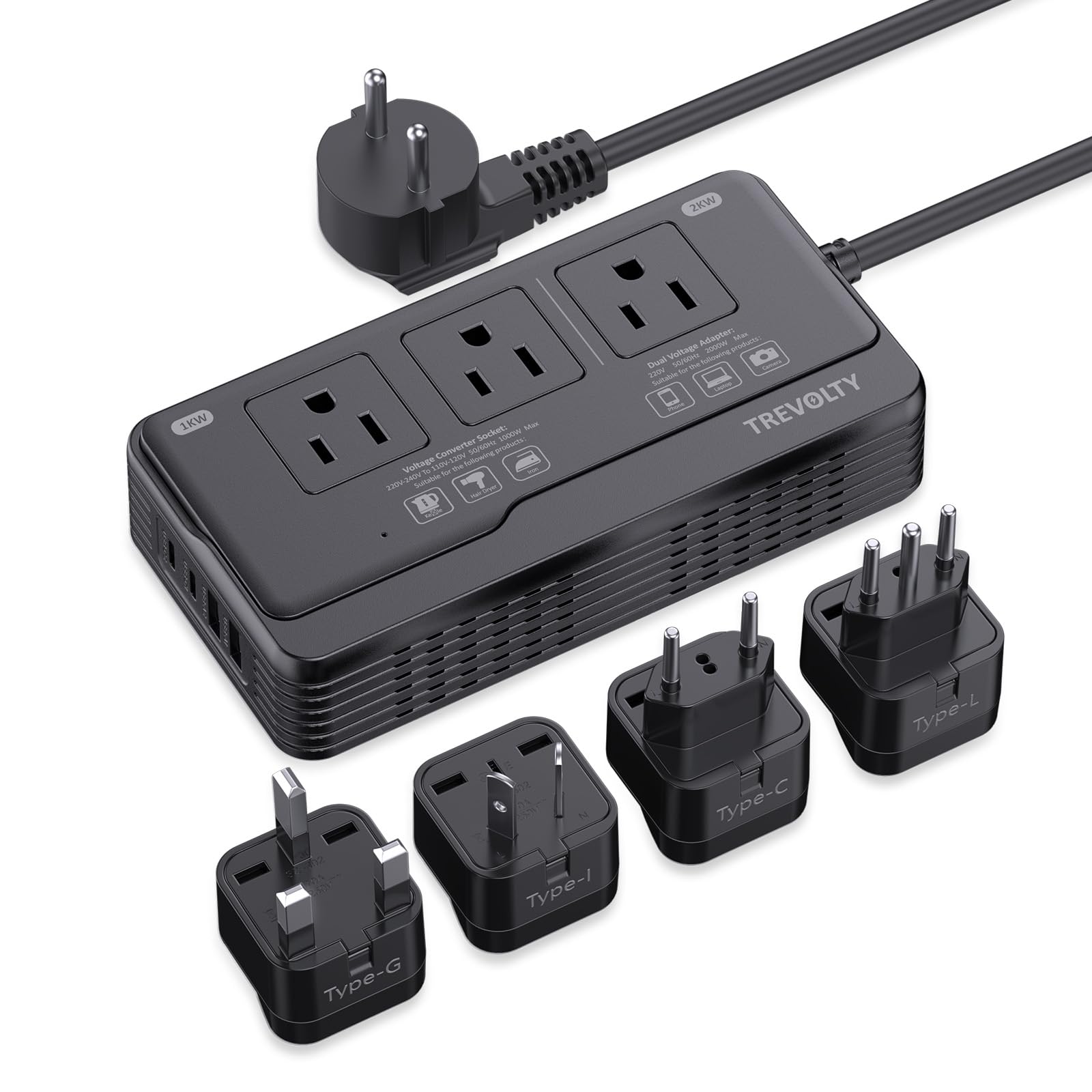 Photo 1 of 2000W Voltage Converter US to Europe - 7-in-1 Power Converter Adapter Combo with EU/UK/IT/AU Plugs, 220V to 110V Converter with 3 AC Outlets, 2 USB & 2 Type-C Ports for Travel