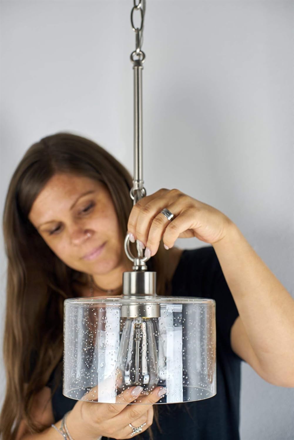 Kira Home Avalon 7.5" Modern Pendant Light + Seeded Glass Shade, Adjustable Height, Brushed Nickel Finish - - 