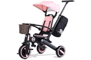 Newtronx Trixplorer Foldable Tricycle-Toddler Tricycle Removable Push Handle, Rotatable Seat, Adjustable Canopy, Safety Harness, Storage, Basket-Tricycle for Toddlers for 1-5 Year Old (Pink/Princess)