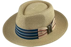 FREEBIRD99 Mens Straw Boater Hat Flat Top Fedora Summer Beach Sun Hat Breathable Pork Pie Cap Stylish Travel Fedora