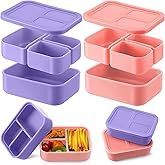 Baderke 2 Pcs Silicone Bento Box Lunch Box with 3 Compartments Leak Proof Lunch Container for Microwave Freezer and Dishwasher(Light Purple, Light Pink)