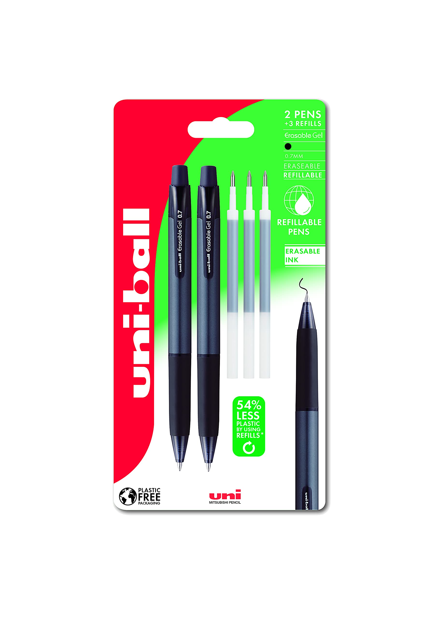 uni-ball URN-181-07 Erasable Rollerball Gel Pens. Premium 0.7mm Ballpoint Tip for Super Smooth Writing, Drawing & Colouring. Easy-Retract Eraser for Secure and Stable Rubbing Out. 2 + 3 Refills Black