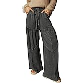 Dasimutko Palazzo Pants for Women Mineral Wash Tiered Drawstring High Waist Casual Wide Leg Lounge Pant with Pockets