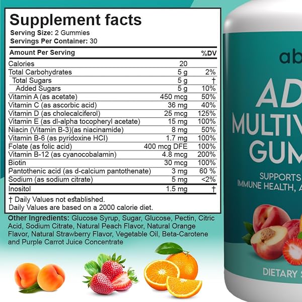 ABVITE PLANT-BASED MULTIVITAMIN GUMMIES, DAILY MULTIVITAMINS FOR MEN AND WOMEN WITH VITAMINS A, C, D, E, B-3, B-6, B-12, BIOTIN, INOSITOL, NON-GMO, GLUTEN FREE, 60 COUNT (30 DAYS SUPPLY)