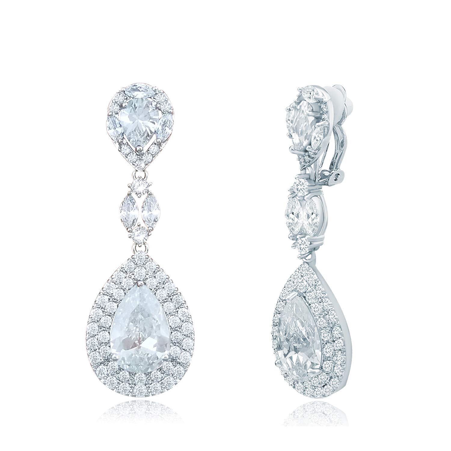 QUKE Shining CZ Crystal Long Drop Dangle Clip On Earrings Non Pierced Elegant Water Drop Shape Wedding Bridal Jewellery For Women Girls