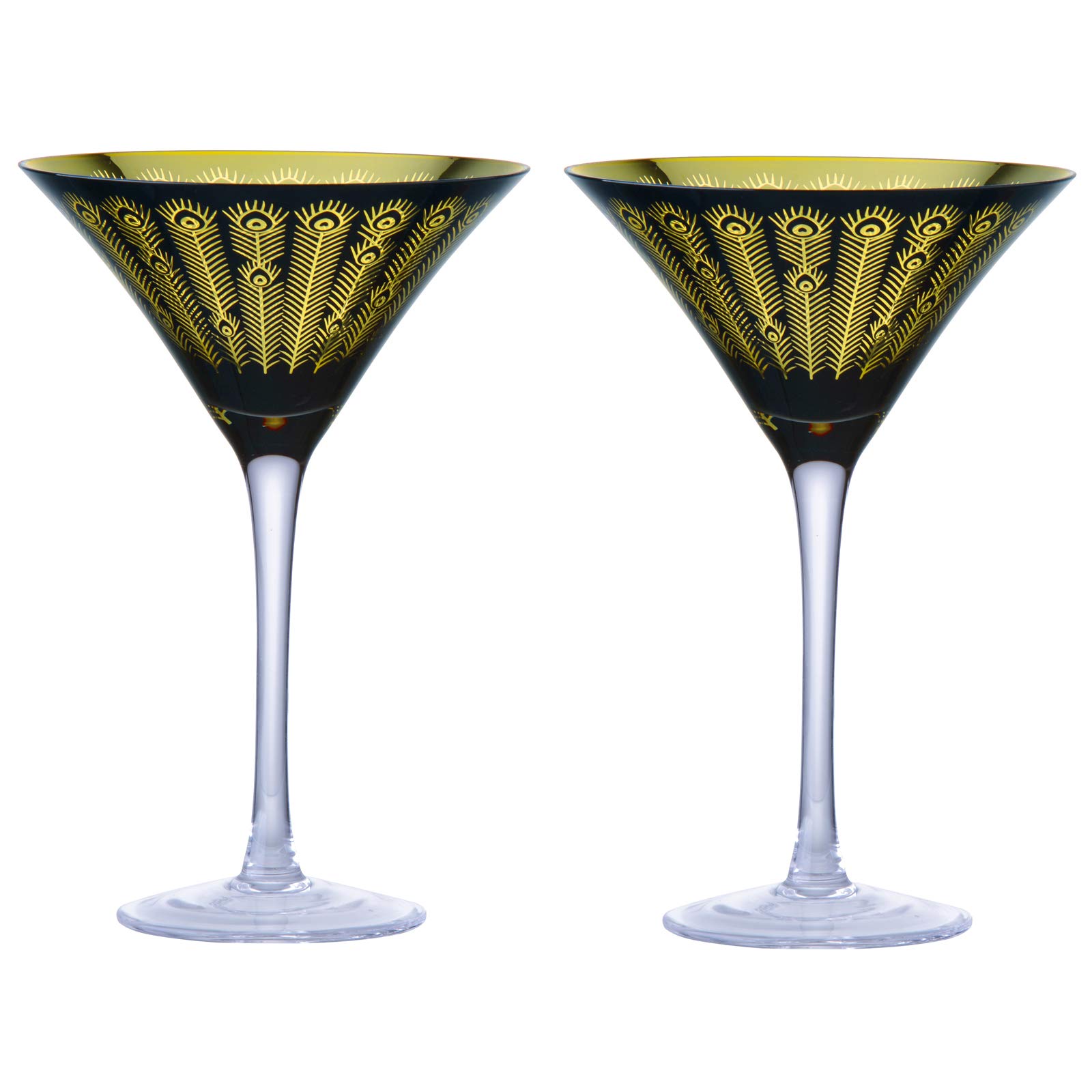 ARTLAND Midnight Peacock Martini Glasses - Gold & Black - Set of 2-250ml Capacity Per Glass - Ideal Cocktail Accessories, Tall Glasses for Margarita and Other Cocktails