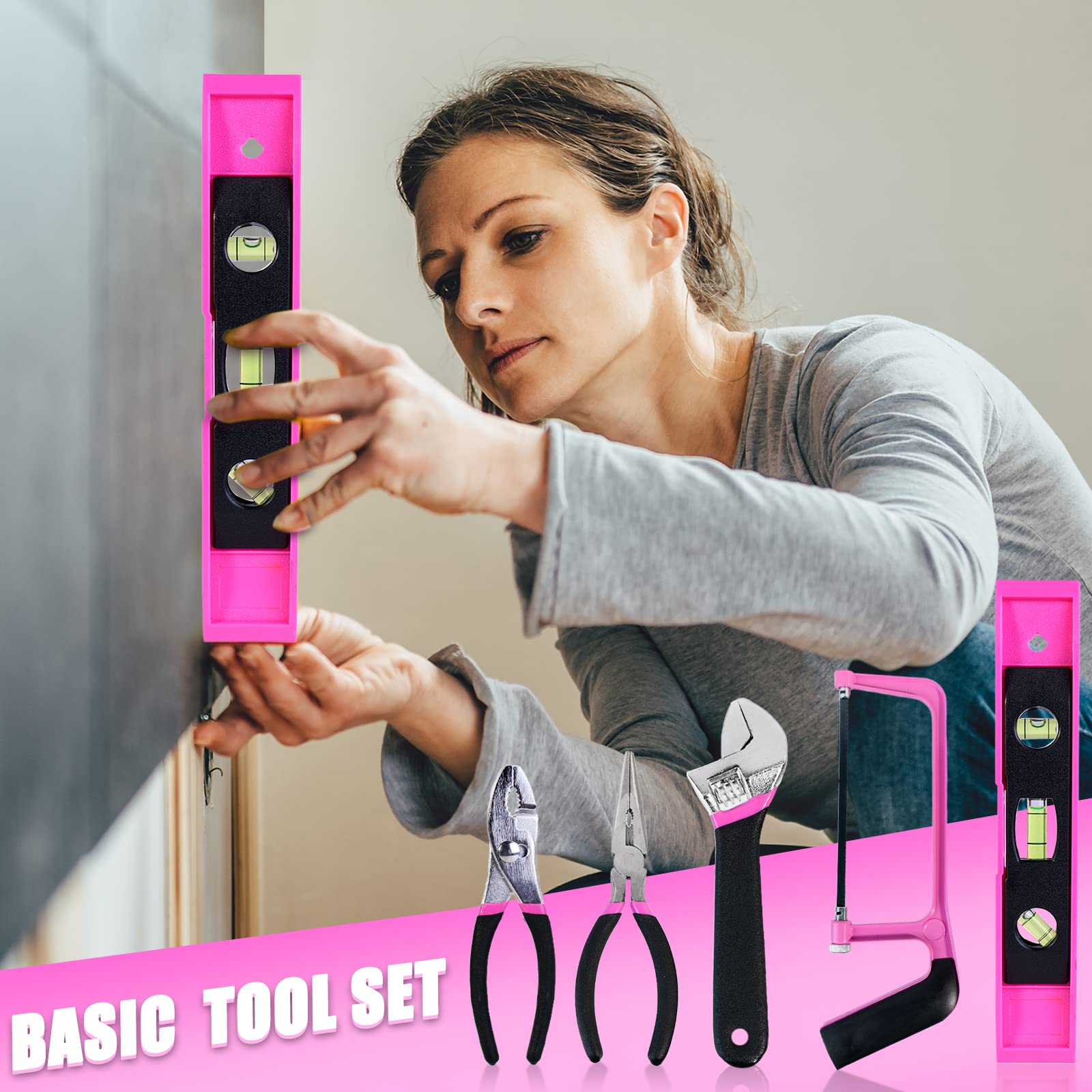 Pink 205-Piece Home Tool Set With 3.6V Electric Screwdriver, Universal Sockets, Storage Bag - Kit for Women, Gift, Home Repair, Dorm