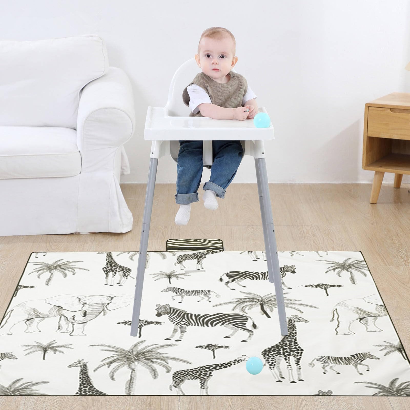 Non Slip Splash Mat for Under Highchair, 51″Waterproof Washable Floor Protector, No Layer Reusable Baby Messy Mat for Art/Crafts/Painting/Playtime, Table Cloth and Picnic Mat (African Grassland)