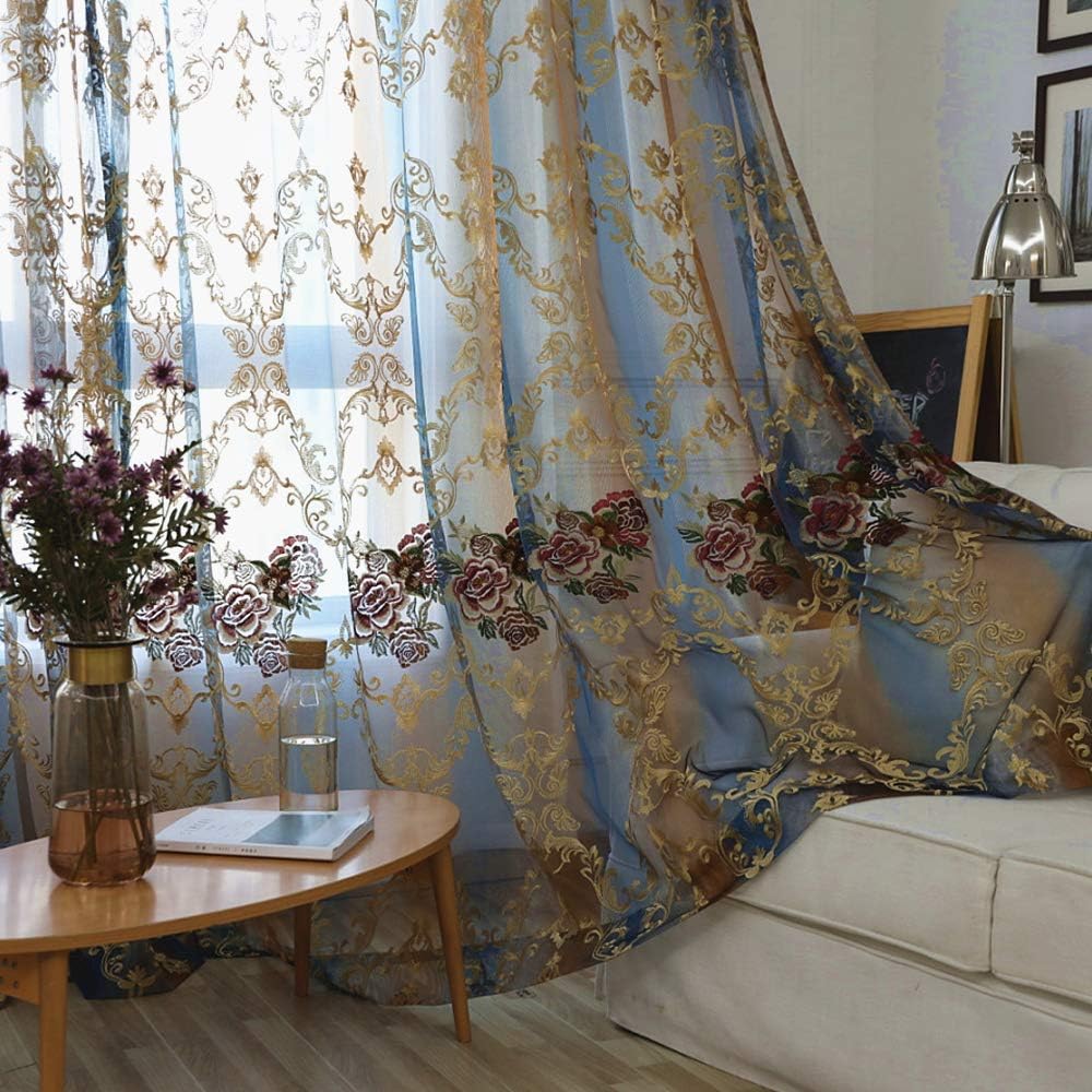 AiFish 1 Panel European Style Elegant Floral Embroidered Sheer Rod Pocket Curtain Panel Home Decorations Curtains Voile Drapes Tulle Curtains for Bedroom/Living Room 39 Inches Wide by 84 Inches Long