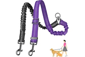 AKEISHE Double Leash for Two Dogs, 2-in-1 No Tangle Design with Bungee Shock Absorber & Adjustable Strap for Walking, Running, Training (Purple)