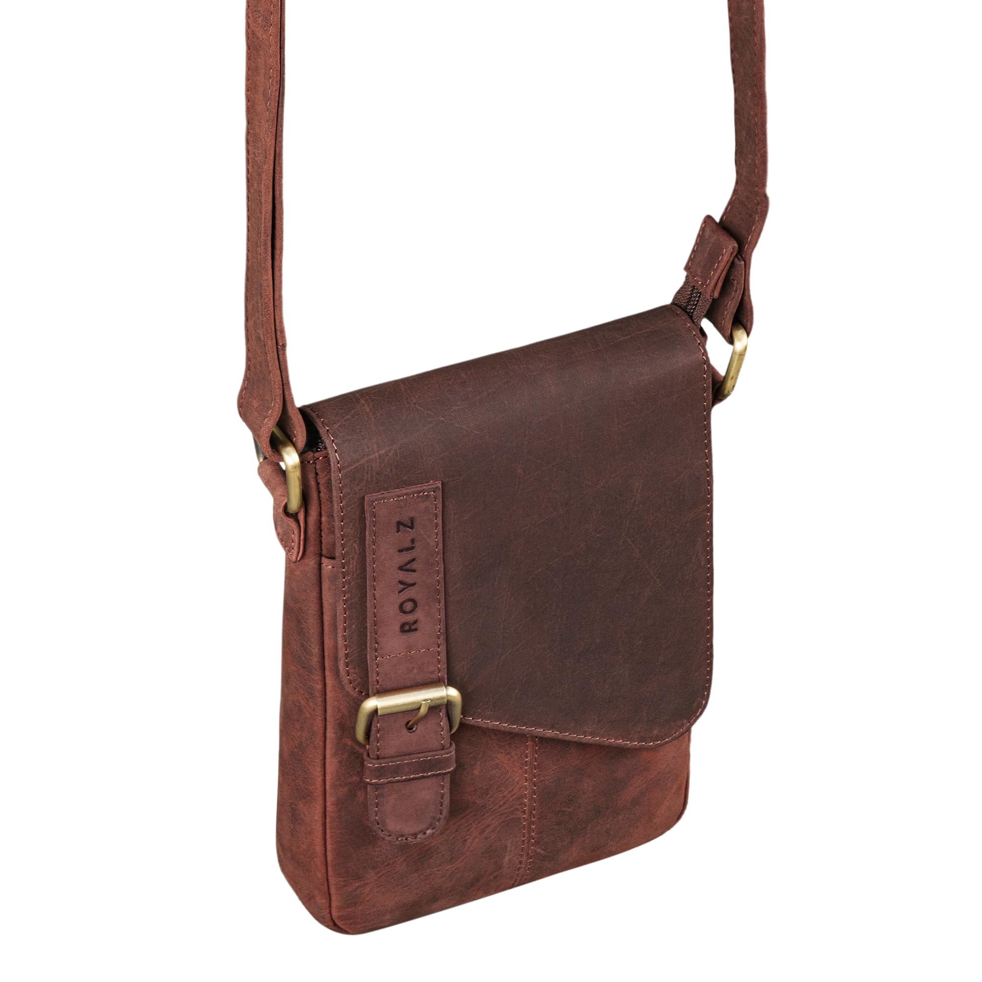 ROYALZ 'Louisiana' Leder Umhängetasche Klein für Männer Herren Ledertasche Mini Seitentasche Vintage Look Tasche zum Umhängen, Farbe:Ohio Braun 4