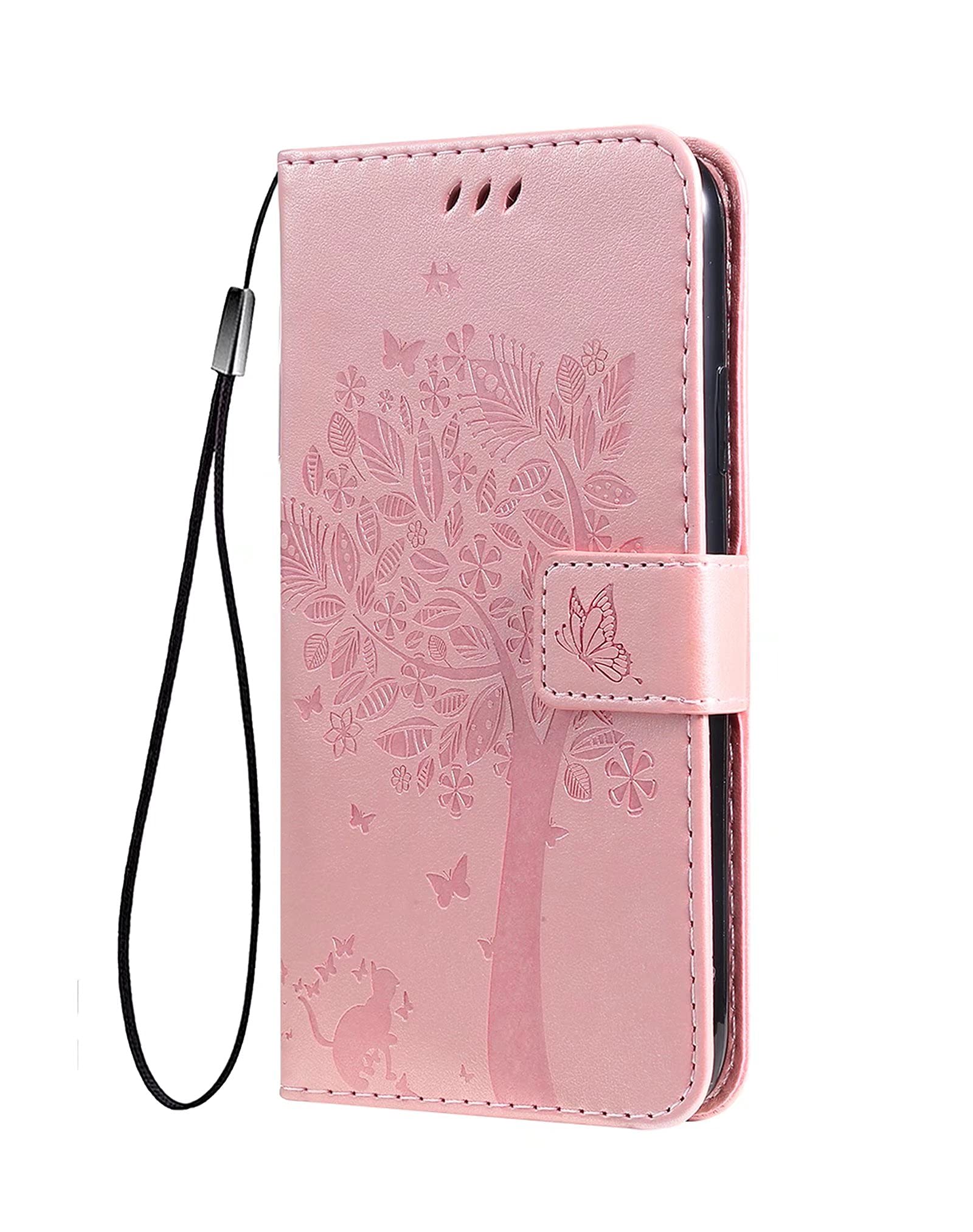 SEAHAI Case for Motorola Edge 40 Neo Wallet Case, Pretty Embossed Leaves and Cat Pattern Premium PU Leather Book Style Flip Cover Shockproof Case, Rose Gold