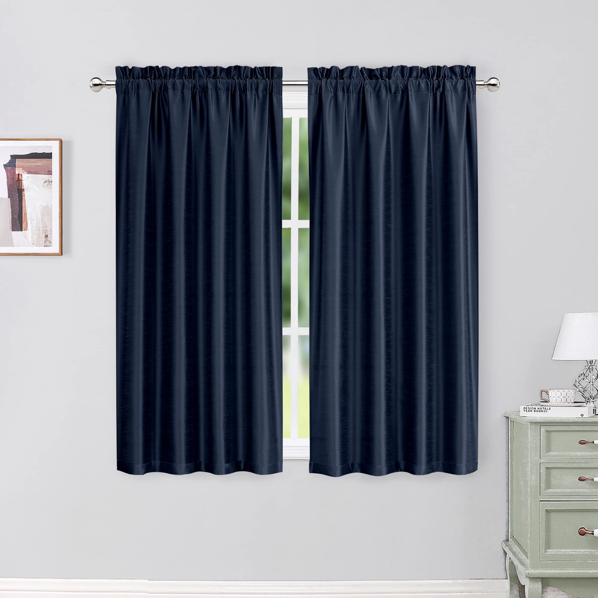 Photo 1 of Chyhomenyc Uptown Navy Blue Curtains 54 Inch Length 2 Panels, Room Darkening Soft Faux Silk Chic Fabric Short Kitchen Curtains for Bedroom Living Room Windows, Each 30Wx54L
