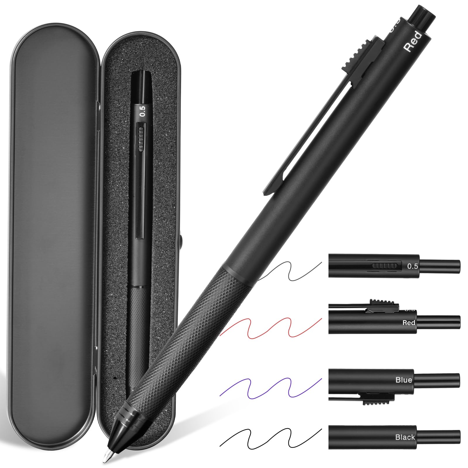 AUAUY 4 in 1 Multicolor Pen,Gravity Sensor Multifunction Pen, 0.5mm 3 Color Ballpoint & 0.5mm Mechanical Pencil Come with Metal Pencil Case（Black）