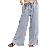 Ainangua Women Acid Wash Palazzo Sweatpants Casual High Waist Drawstring Wide Leg Pants Baggy Fleece Trousers with Pockets