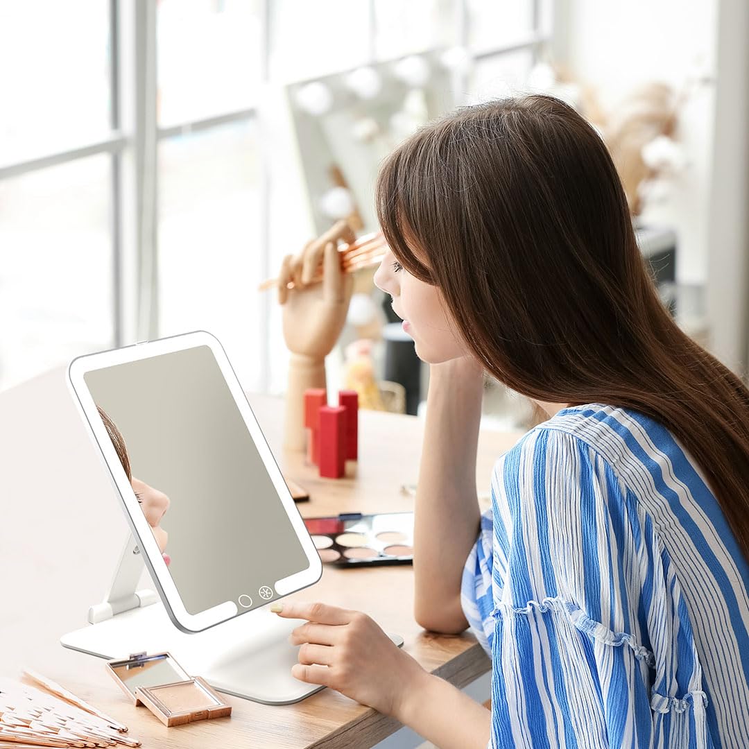 Fancii Rechargeable Travel Makeup Mirror with Bright LED Lights and 3 Color Modes - Ultra Thin, Portable and Lightweight, Touch Dimming, Compact Folding Mirror, Lighted Vanity Mirror, Nora Mini