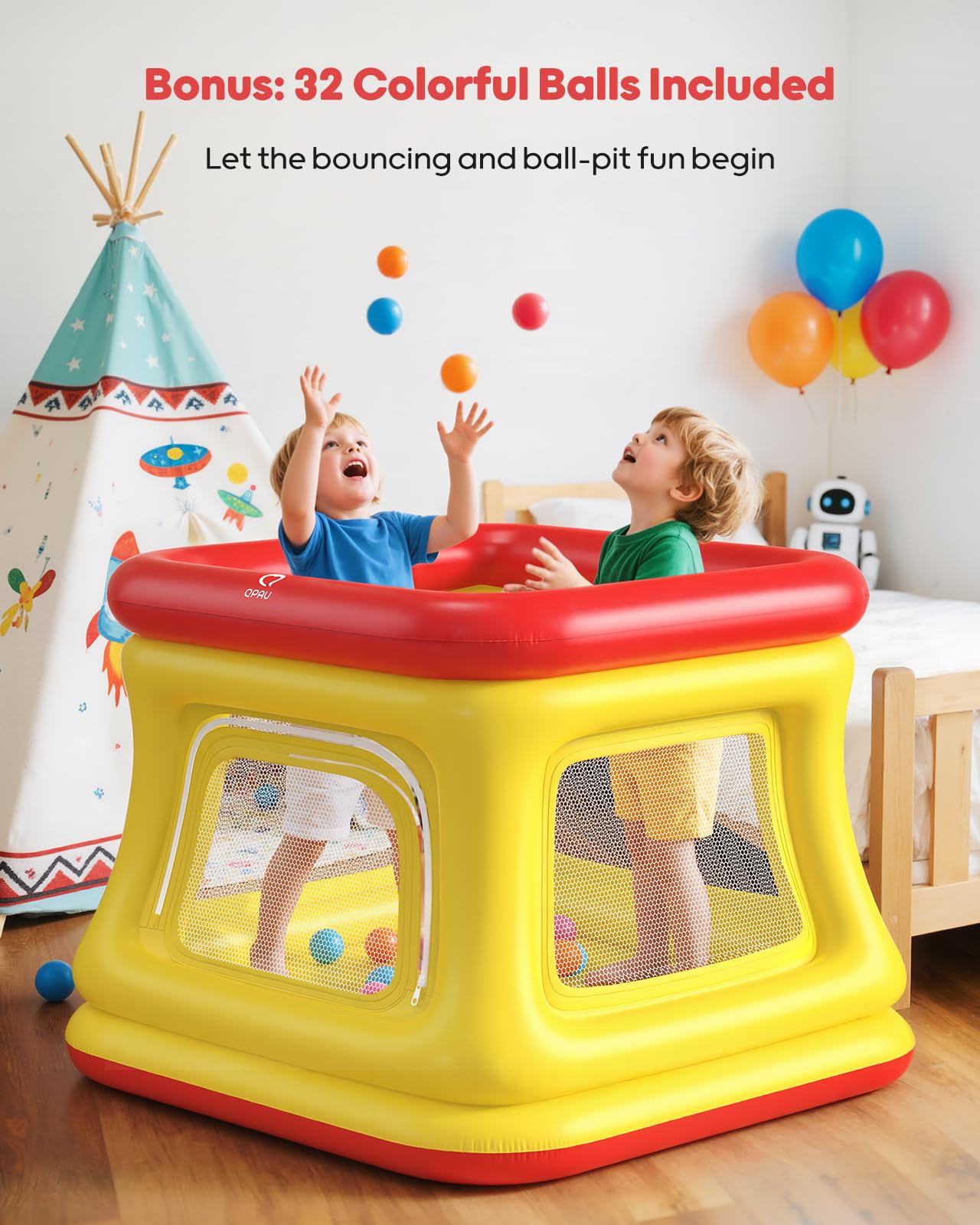 QPAU 3-in-1 Inflatable Bounce House for Toddlers 1-3, Ball Pit & Trampoline, Inflatable Bouncy House with Pump, Safety Net, Indoor & Outdoor Bubble Bouncer Baby Play Yard